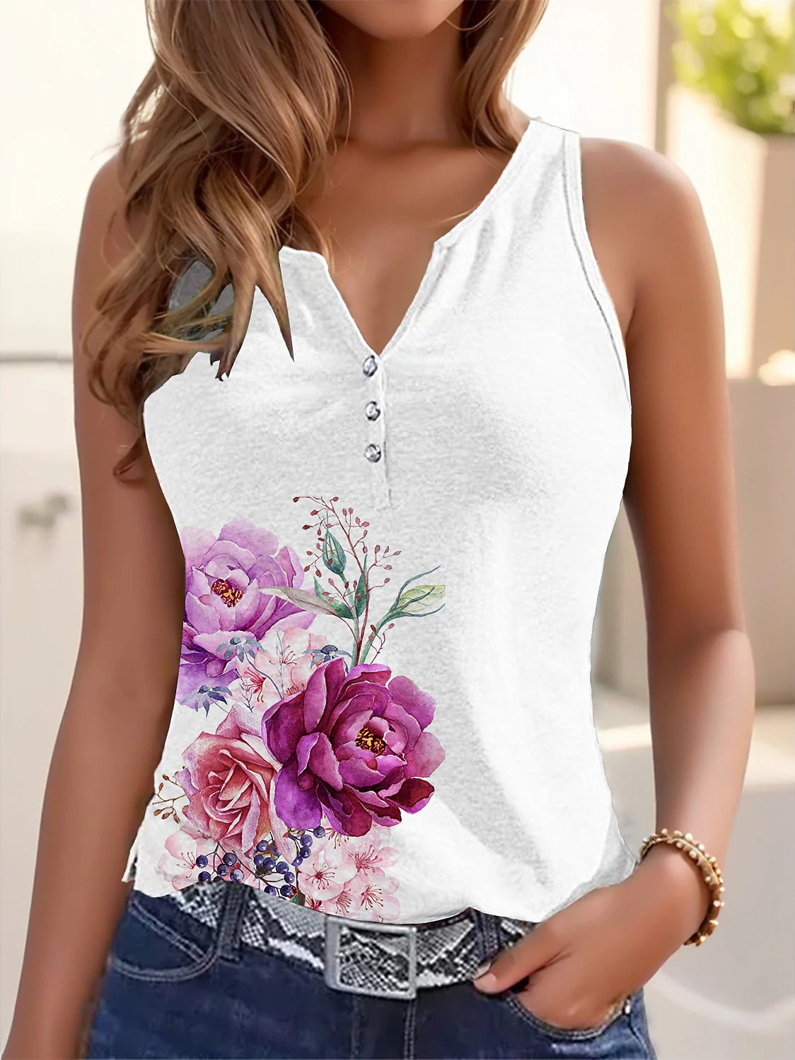 Women's Tank Top Floral Casual Holiday Button Print Light Green Sleeveless Basic V Neck