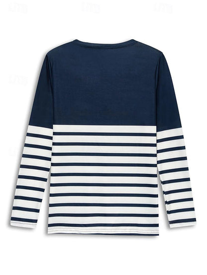 Women's T shirt Tee Striped Daily Weekend Print Navy Blue Long Sleeve Basic V Neck Fall & Winter