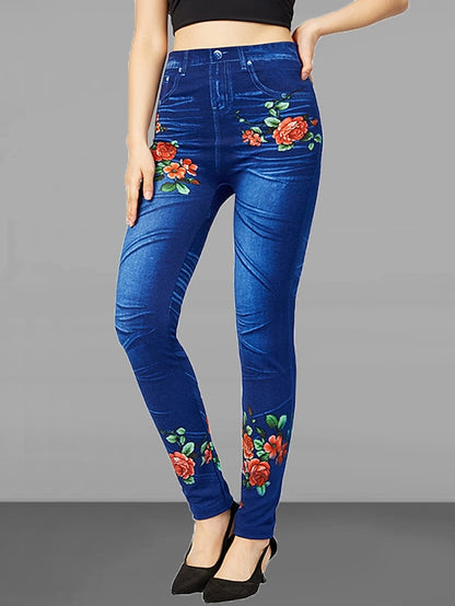 Women's Slim Polyester Floral Blue Fashion High Waist Full Length Street Causal Summer Fall