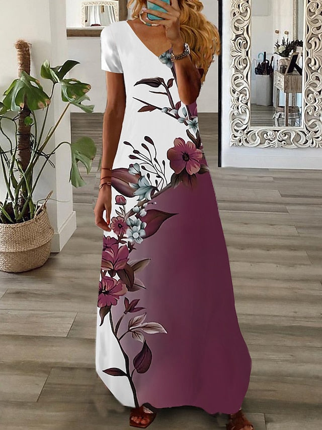 Women's Long Dress Maxi Dress Casual Dress Summer Dress Print Dress Floral Ombre Fashion Streetwear Outdoor Daily Date Print Short Sleeve V Neck Dress Regular Fit Light Green Pink Navy Blue Summer - LuckyFash™