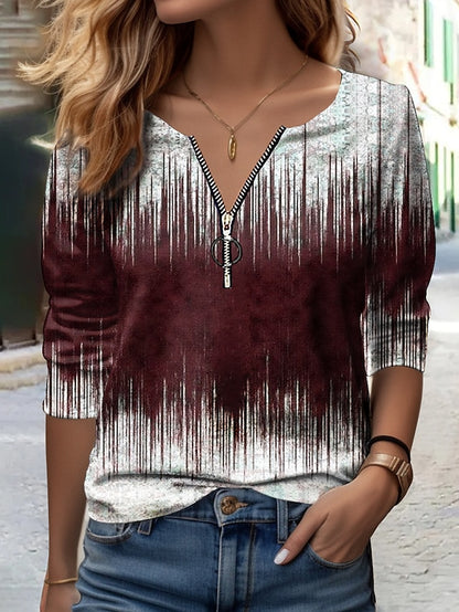 Women's T shirt Tee Color Gradient Daily Weekend Print Quarter Zip Red Long Sleeve Fashion Half Zip V Neck Spring &  Fall