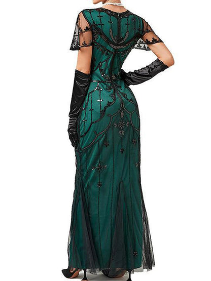 Women's Sequins Mesh Sequin Dress Long Dress Maxi Dress Elegant Floral V Neck Short Sleeve Party Halloween Spring Fall Black Red