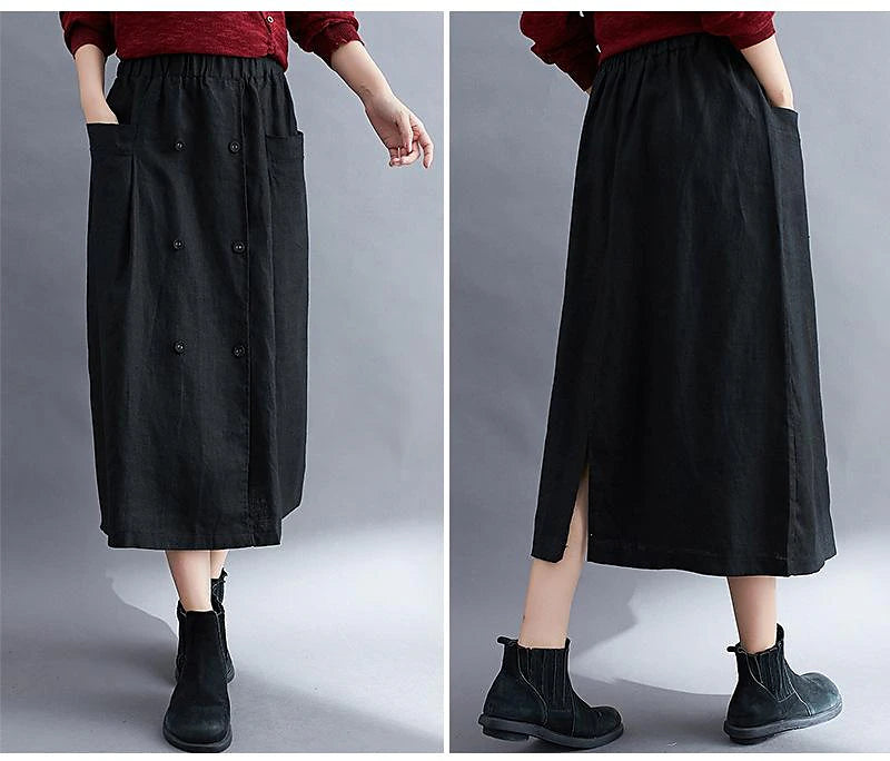 Women's Skirt A Line Long Skirt Linen Skirts Midi Skirts Pocket Split Ends Solid Colored Street Daily Spring & Summer Cotton Linen coastal grandma style Basic Casual Long Black Brown Green Apricot