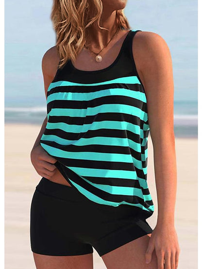 Women's Swimwear Tankini 2 Piece Normal Swimsuit 2 Piece Printing Striped White Green Tank Top High Neck Bathing Suits Sports Beach Wear Summer - LuckyFash™