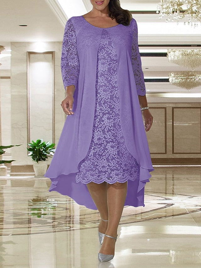 A-Line Mother of the Bride Dress Plus Size Elegant Jewel Neck Knee Length Chiffon Lace Long Sleeve with Lace 2023 - LuckyFash™