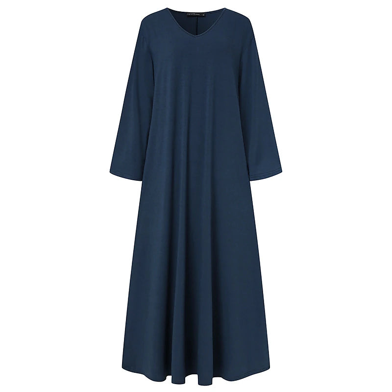 Women‘s Plus Size Curve Casual Dress Pure Color V Neck Long Sleeve Winter Fall Basic Casual Maxi long Dress Daily Vacation Dress