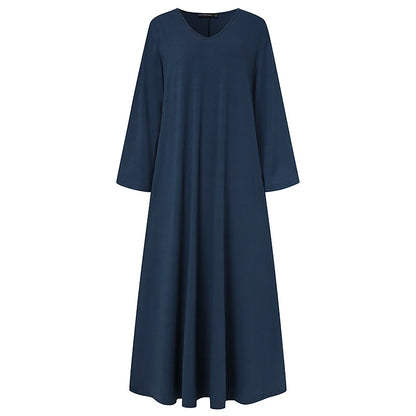 Women‘s Plus Size Curve Casual Dress Pure Color V Neck Long Sleeve Winter Fall Basic Casual Maxi long Dress Daily Vacation Dress