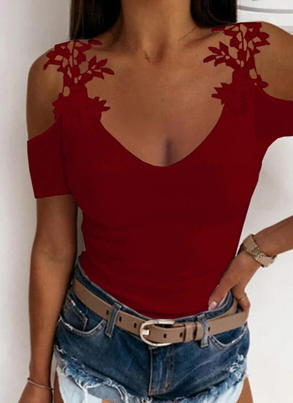 Women's T shirt Tee Going Out Tops Burgundy Tee Concert Tops Plain Casual Weekend Lace Cut Out Cold Shoulder Black Short Sleeve Elegant Fashion Basic U Neck Off Shoulder Summer Spring