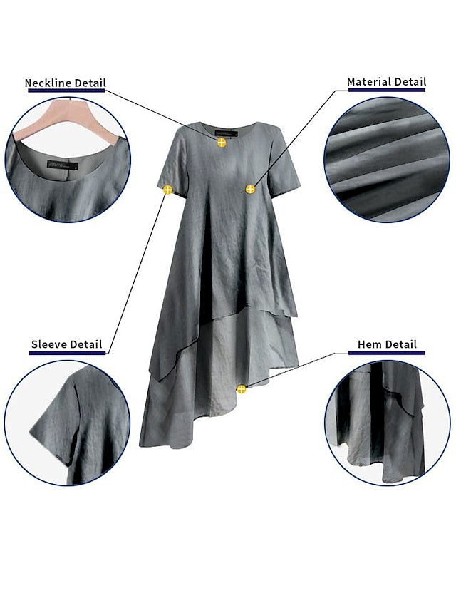 Women's Casual Dress Cotton Linen Dress A Line Dress Midi Dress Cotton Blend Basic Modern Outdoor Daily Crew Neck Ruffle Layered Short Sleeve Summer Spring 2023 Loose Fit Blue Green Gray Plain S M L - LuckyFash™