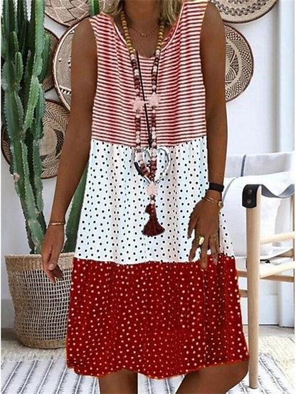 Women's Shift Dress Color Block Print Crew Neck Midi Dress Daily Sleeveless Summer Spring