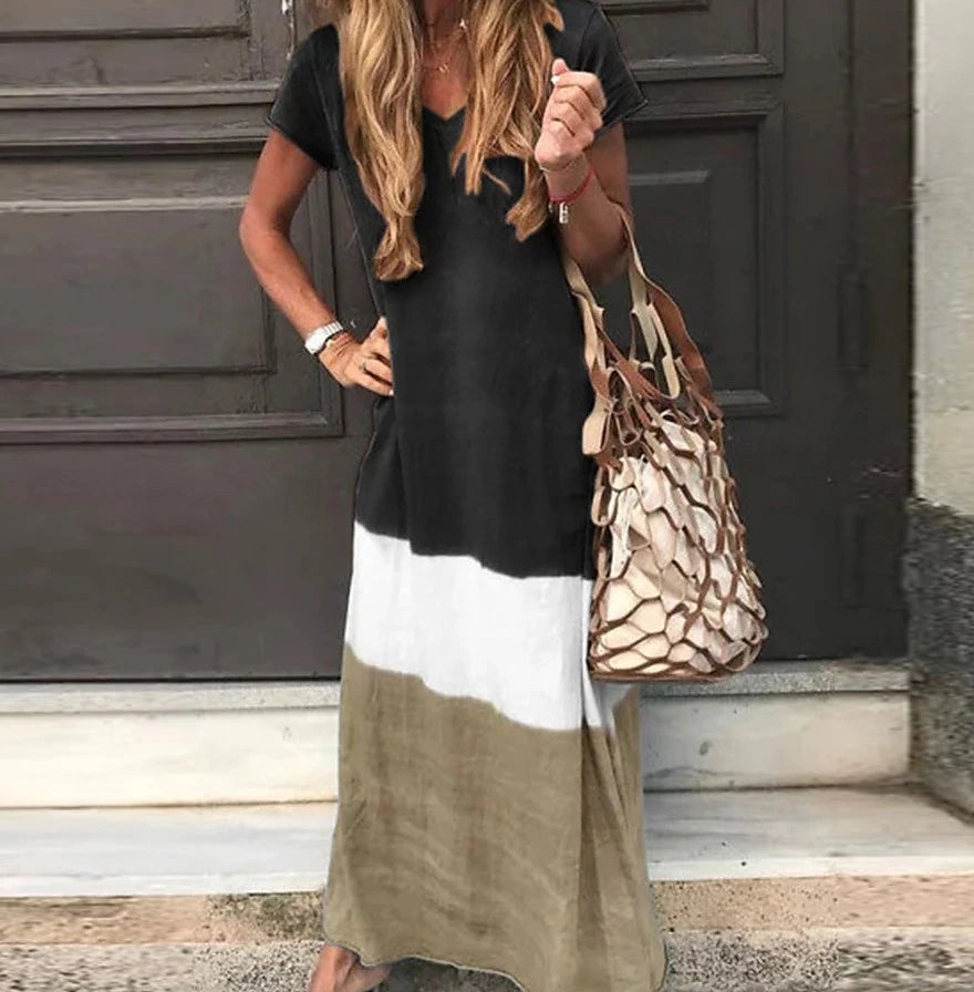 Women's T Shirt Dress Tee Dress Maxi long Dress Black Blue Gray Yellow Red Short Sleeve Color Block Patchwork Spring Summer Round Neck Casual Boom Sale Dress