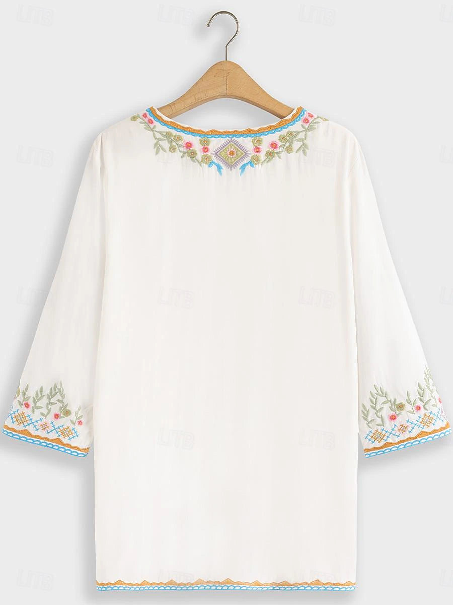 Women's Summer Tops Blouse Embroidered White Half Sleeve V Neck Summer Spring