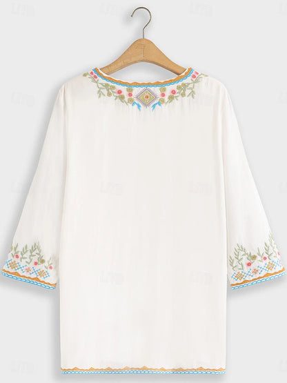 Women's Summer Tops Blouse Embroidered White Half Sleeve V Neck Summer Spring