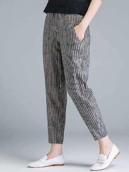 Women's Tapered Carrot Pants Linen Cotton Blend Striped Blue Grey Casual Ankle-Length Casual Daily