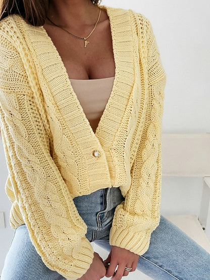 Women's Sweater Cardigan Sweater V Neck Cable Crochet Knit Cotton Acrylic Knitted Hole Drop Shoulder Fall Winter Cropped Casual Daily Wear Stylish Long Sleeve Solid Color White Yellow Purple One-Size