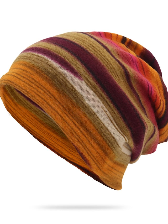 New Unisex Stripe Print Beanie Hat Women Soft Autumn Winter Warm Hat Scarf Casual Outdoor Hip Hop Cap - LuckyFash™