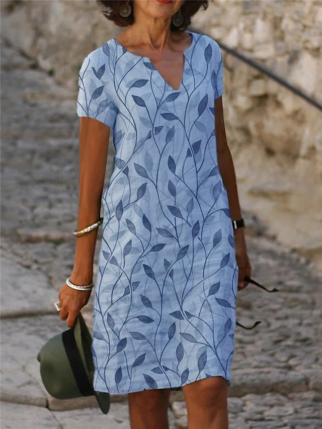 Women's Casual Dress Shift Dress Midi Dress Blue Green Short Sleeve Leaf Print Fall Spring Summer V Neck Basic Daily Vacation Summer Dress 2023 S M L XL XXL XXXL - LuckyFash™