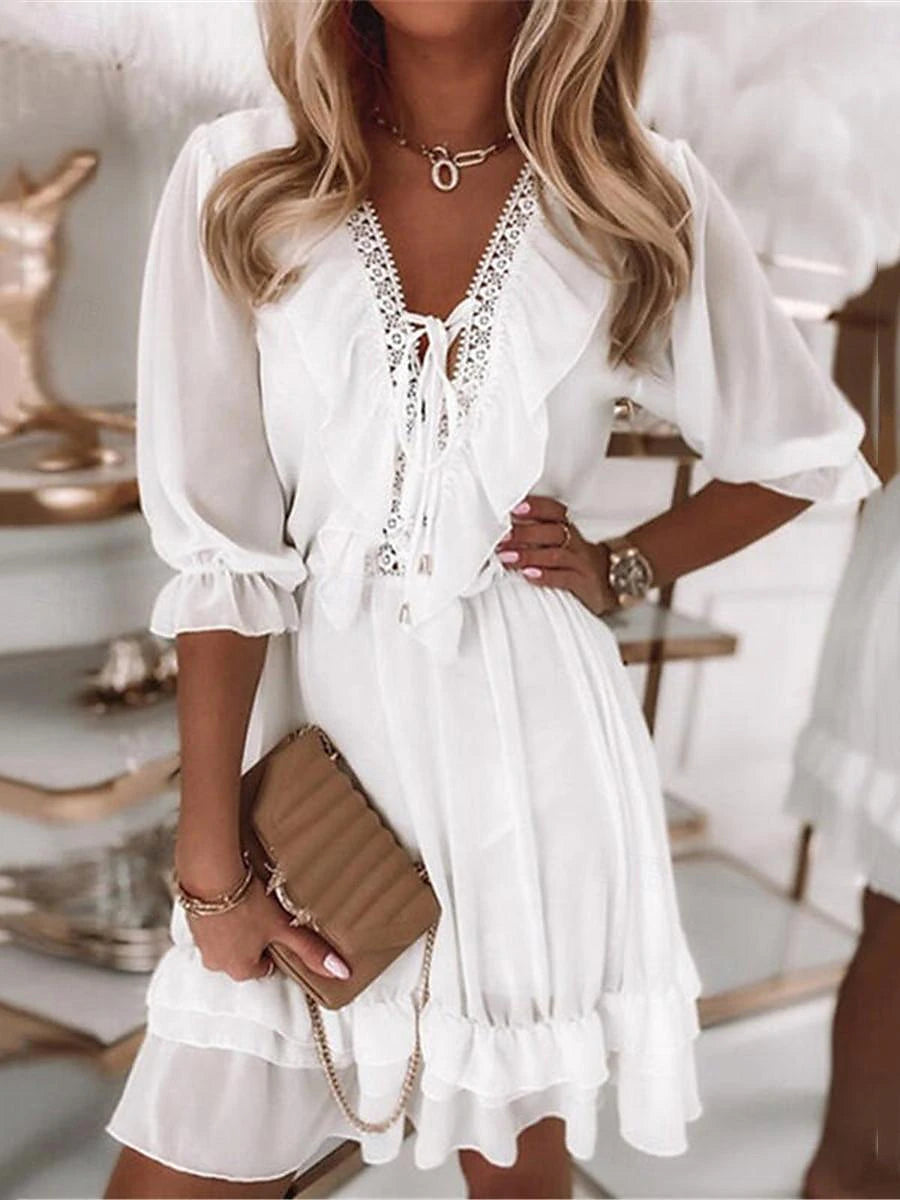 Women's White Dress Casual Dress Summer Dress Mini Dress Lace up Ruffle Date Vacation Streetwear V Neck Half Sleeve White Color