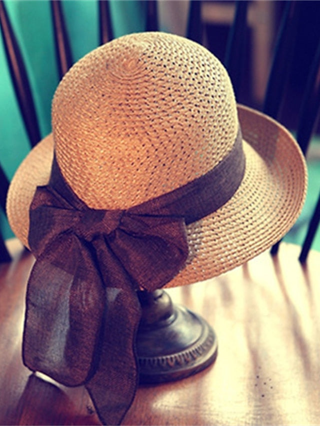 Women's Hat Straw Hat Sun Hat Purple Pink Camel Outdoor Street Dailywear Braided Bow Pure Color Portable Sun Protection Comfort - LuckyFash™