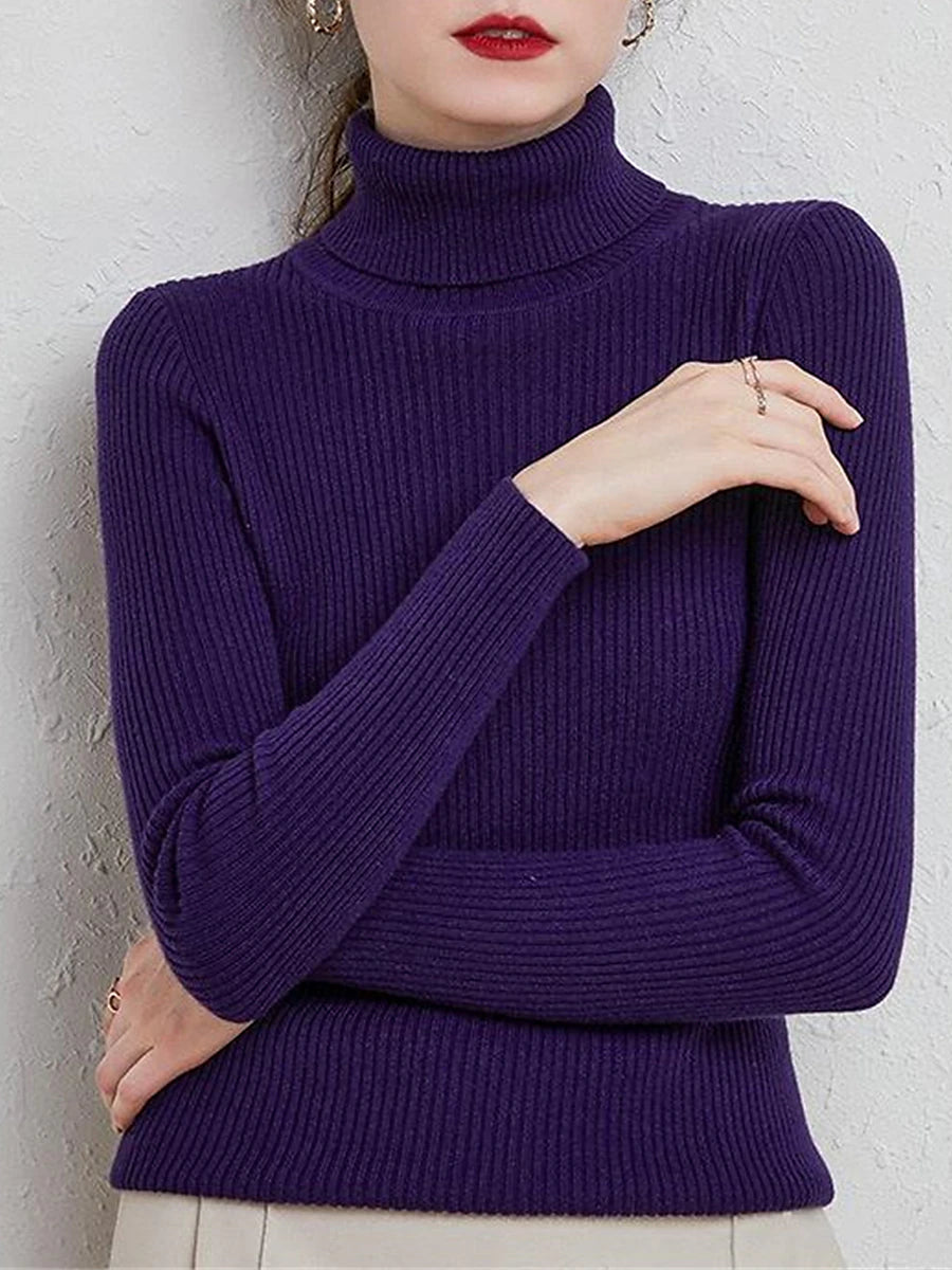 Women's Pullover Sweater Jumper Turtleneck Ribbed Knit Polyester Oversized Fall Winter Daily Holiday Going out Stylish Casual Soft Long Sleeve Solid Color Rust Red Pink purple Red bean paste S M L