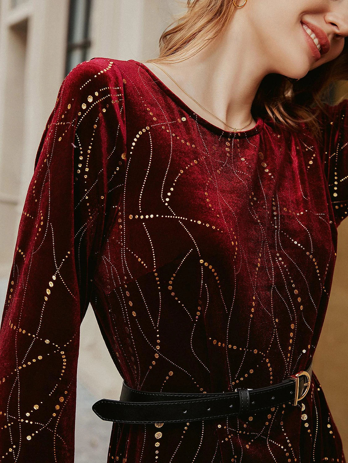 Women's Velvet Velvet Dress T Shirt Dress Tee Dress Split Gold Foil Print Crew Neck Mini Dress Party New Year Long Sleeve Fall Winter