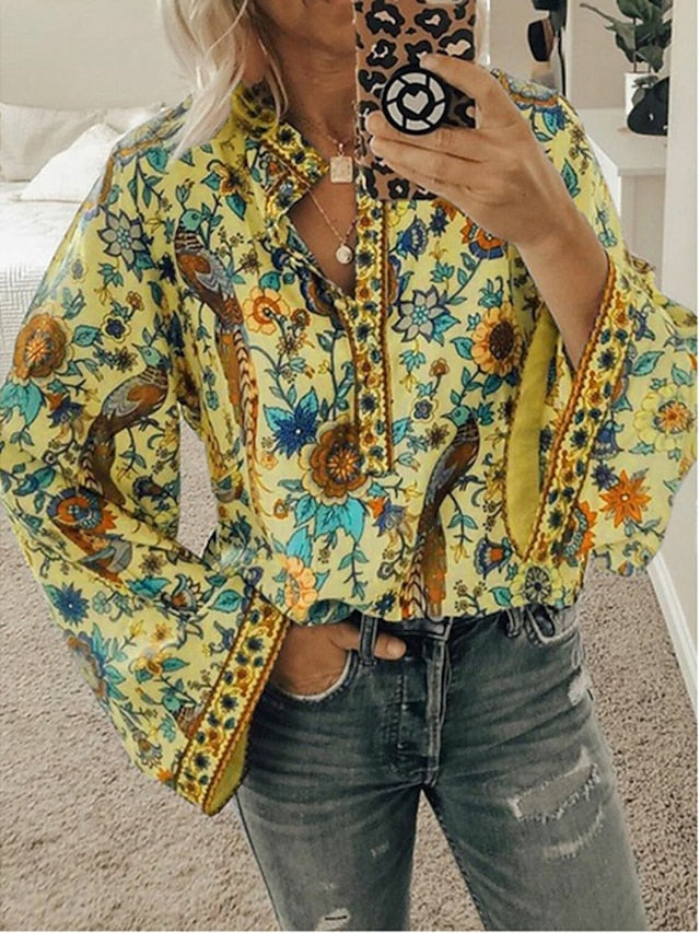 Women's Shirt Blouse Yellow Pink Dusty Rose Graphic Floral Button Print Long Sleeve Daily Holiday Vintage Boho Streetwear Round Neck Regular Boho S