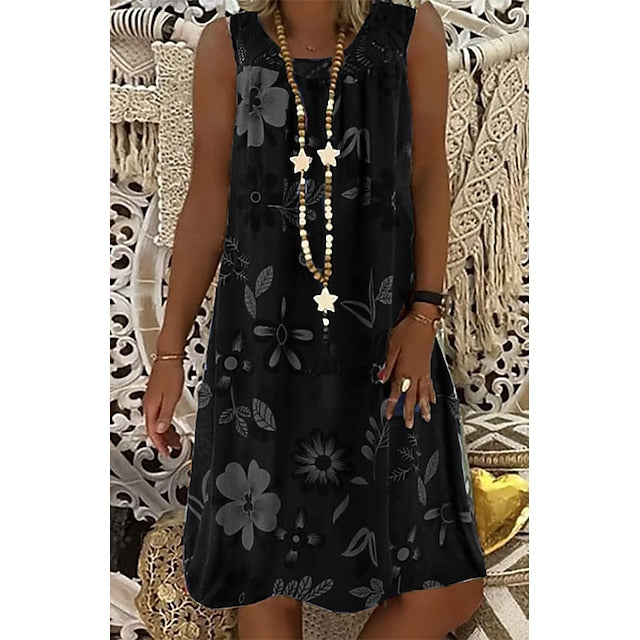 Women‘s Shift Dress Knee Length Dress White Black Army Green Fuchsia Navy Blue Sleeveless Floral Print Spring Summer Round Neck Hot Casual Boho Loose 2023 M L XL XXL 3XL 4XL 5XL