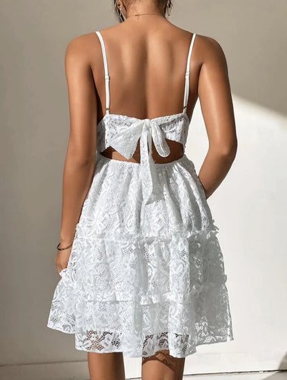 Women's White Lace Wedding Dress Mini Dress with Sleeve Party Streetwear V Neck Sleeveless White Color