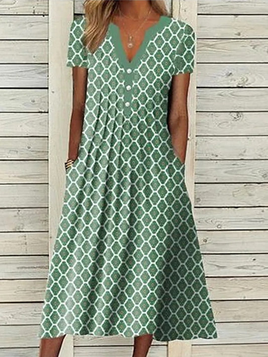 Women's Casual Dress Shift Dress Midi Dress Green Short Sleeve Geometric Ruched Fall Spring Summer V Neck Basic Daily Vacation Summer Dress Loose Fit 2023 S M L XL XXL 3XL - LuckyFash™