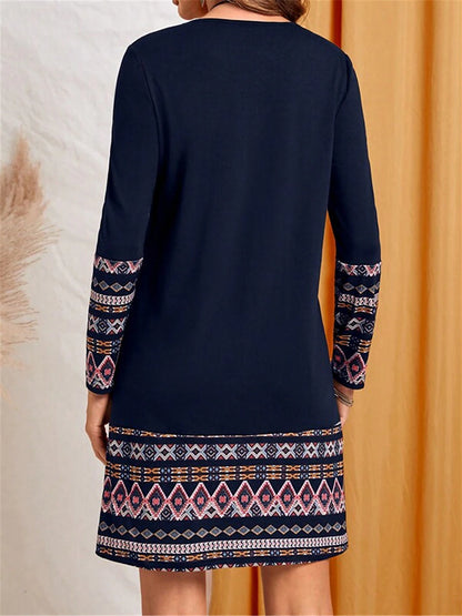 Women's Work Dress Casual Dress Fashion Winter Dress Daily Mini Dress Print Crew Neck Long Sleeve Color Block Tribal Loose Fit Black Red Navy Blue Fall Winter S M L XL XXL