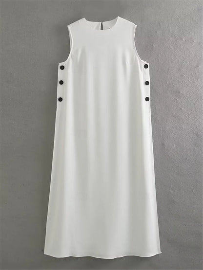 Women's White Dress Casual Dress Tank Dress Maxi Dress Button Split Date Vacation Streetwear Maxi Crew Neck Sleeveless White Color