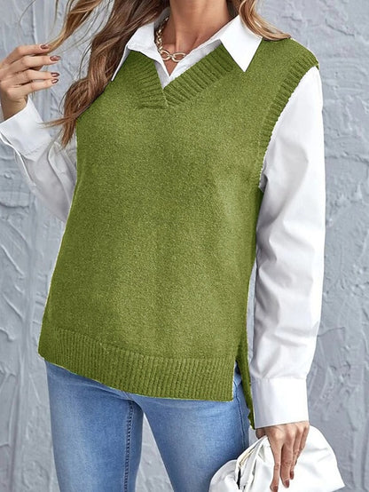 Women's Sweater Vest Pullover Sweater Jumper V Neck Ribbed Knit Nylon Acrylic Rayon Patchwork Summer Spring Fall Regular Home Daily Stylish Casual Soft Long Sleeve Solid Color Black Light Green Wine