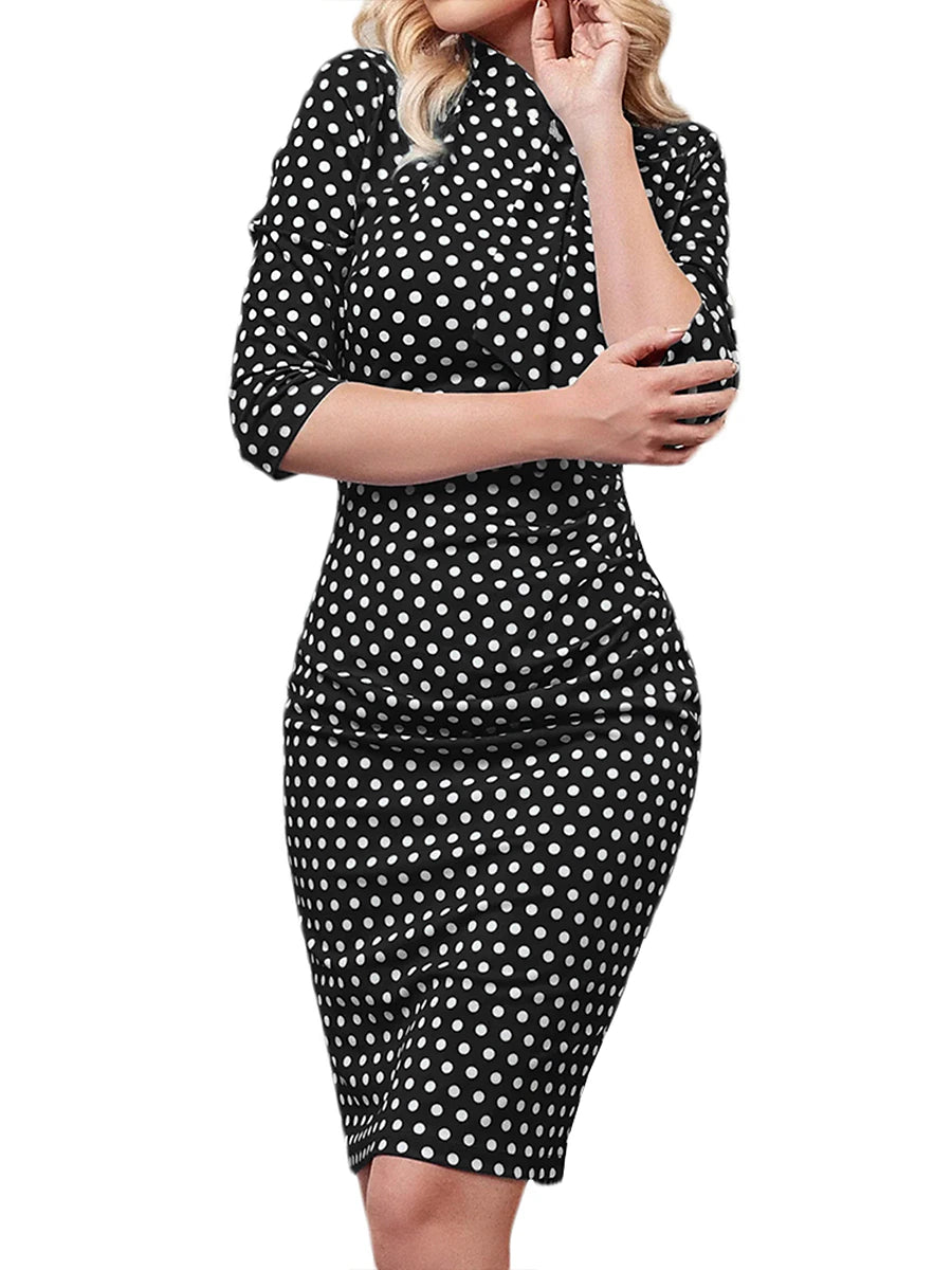 Women's Work Dress Shift Dress Sheath Dress Elegant Office Daily Midi Dress Tie Knot Bow Crew Neck 3/4 Length Sleeve Polka Dot Regular Fit Black Spring Fall S M L XL XXL