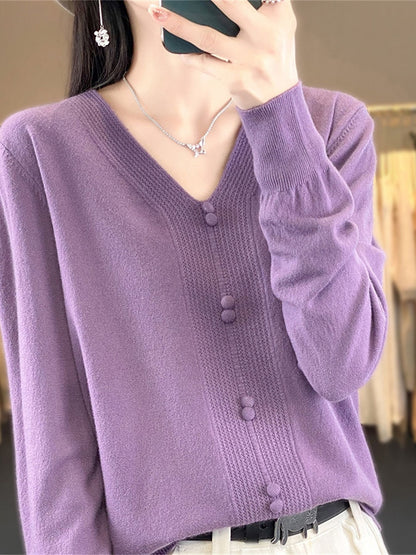 Women's Pullover Sweater Jumper V Neck Ribbed Knit Cotton Button Fall Winter Short Daily Going out Weekend Stylish Casual Soft Long Sleeve Solid Color Golden camel GH purple GH camel S M L