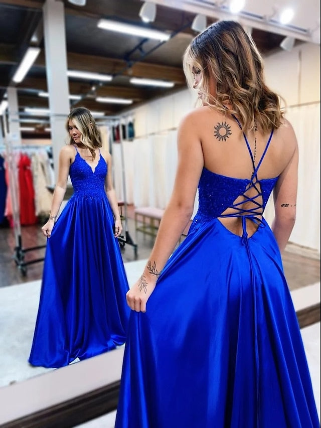 A-Line Prom Dresses Empire Dress Formal Court Train Sleeveless V Neck Satin Backless with Beading Appliques 2023 - LuckyFash™