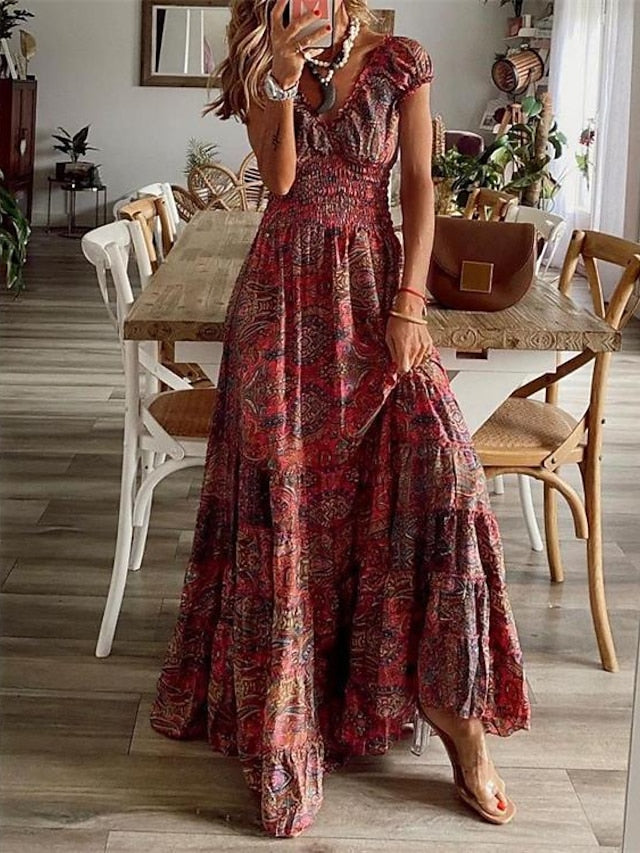 Women's Swing Dress Boho Dress Long Dress Maxi Dress Wine Short Sleeve Floral Print Spring Summer V Neck Weekend Loose Fit 2023 S M L XL XXL 3XL - LuckyFash™