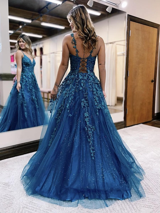 Ball Gown A-Line Prom Dresses Sparkle & Shine Dress Formal Floor Length Sleeveless V Neck Tulle Backless with Glitter Appliques 2023 - LuckyFash™