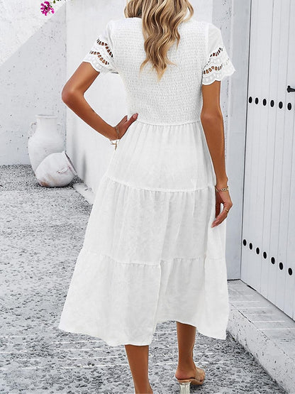 Women's White Dress Lace Dress Casual Dress Midi Dress Mesh Patchwork Date Vacation Streetwear Basic Crew Neck Short Sleeve Black White Brown Color