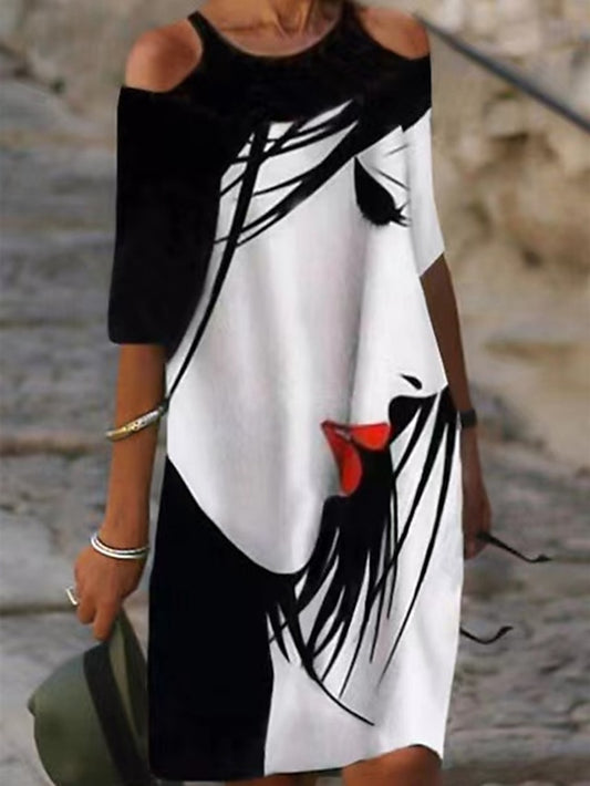 Women's Casual Dress Shift Dress Midi Dress Black Half Sleeve Abstract Cold Shoulder Summer Spring Fall Crew Neck Fashion Vacation Fall Dress Summer Dress Loose Fit 2023 S M L XL XXL 3XL - LuckyFash™