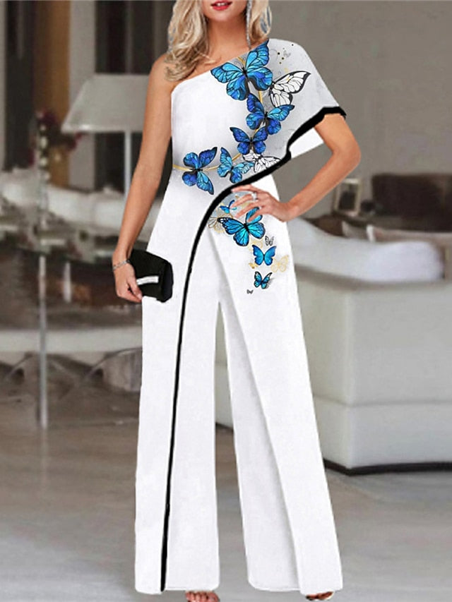 Women's Elegant OL Style Printed Evening Party One Shoulder High Waist Blue White Black Jumpsuit Wide Leg Pants - LuckyFash™