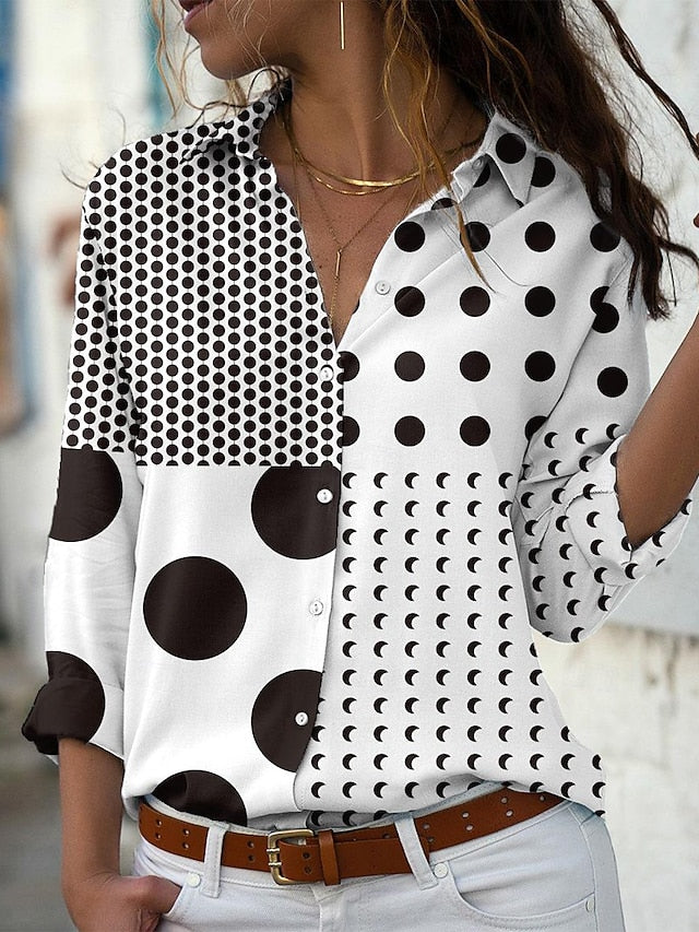 Women's Shirt Blouse Polka Dot Casual Button Print White Long Sleeve Fashion Shirt Collar Spring &  Fall