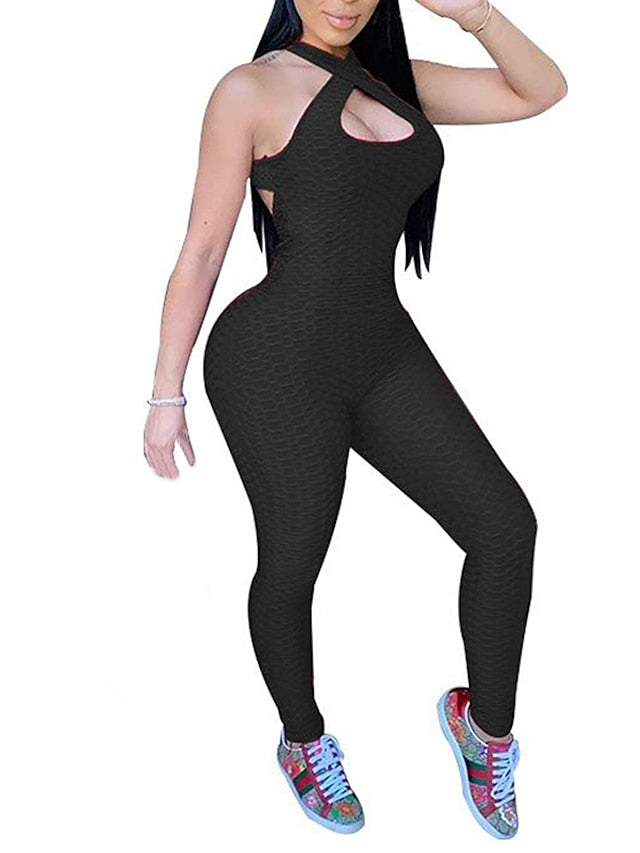 Women's Onesie Workout Sets Scrunch Butt Open Back Bodysuit Romper Clothing Suit Black White Spandex Yoga Fitness Gym Workout Tummy Control Butt Lift Power Flex Sleeveless Sport Activewear High - LuckyFash™