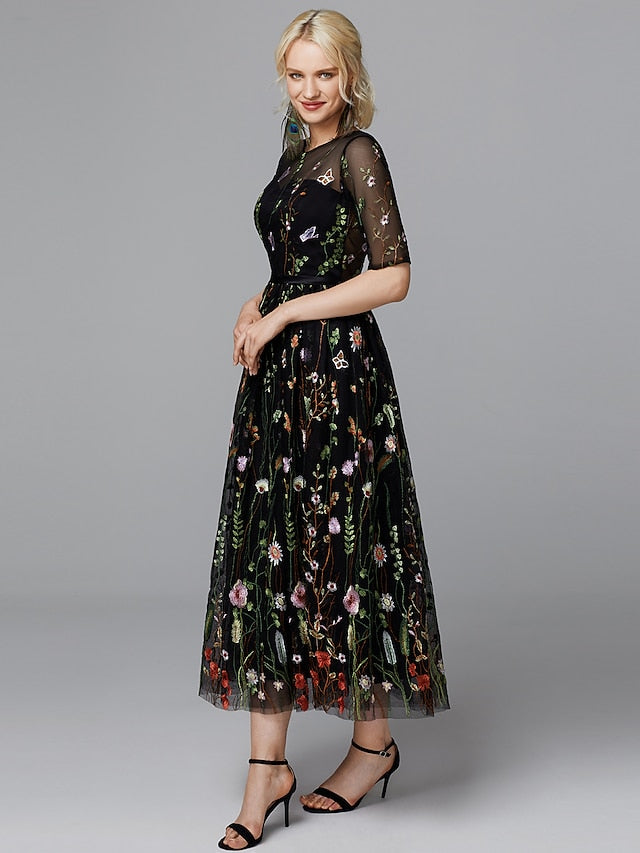 A-Line Floral Dress Holiday Tea Length Half Sleeve Illusion Neck Lace with Embroidery Appliques 2023 - LuckyFash™