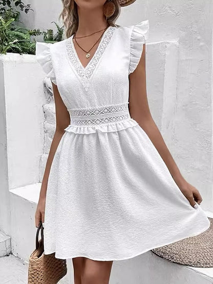 Women's White Dress Lace Dress Summer Dress Mini Dress Cotton Lace Ruffle Date Streetwear V Neck Sleeveless White Color