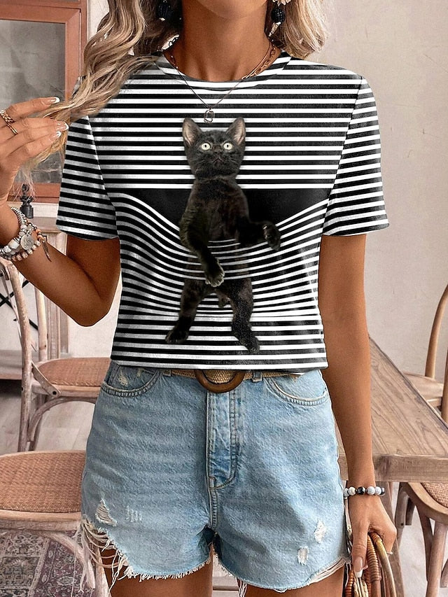 Women's T shirt Tee Animal Daily Weekend Print Black Short Sleeve Fashion Round Neck 3D cat Summer