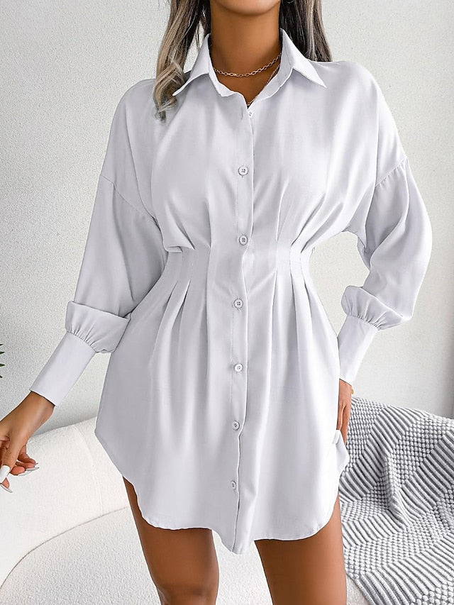 Women's Shirt Dress Plain Dress Mini Dress Button Vacation Streetwear Maxi Shirt Collar Long Sleeve White Blue Army Green Color