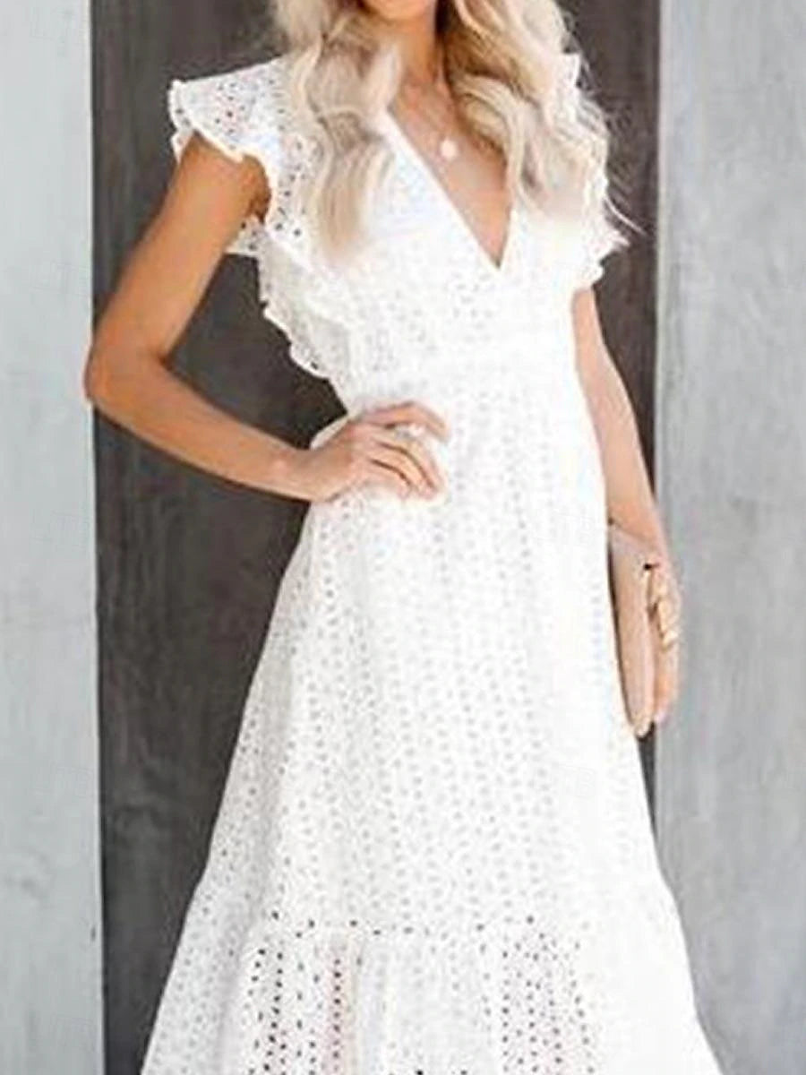 Women's Summer Dress White Lace Wedding Dress Midi Dress Cotton Ruffle Trim with Sleeve Vacation Casual A Line V Neck Short Sleeve White Color