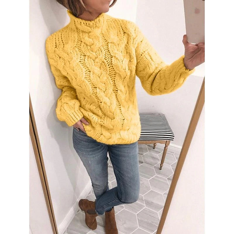 Women's Pullover Sweater Knitted Solid Color Basic Casual Chunky Long Sleeve Sweater Cardigans Turtleneck Fall Winter Yellow Blushing Pink Gray