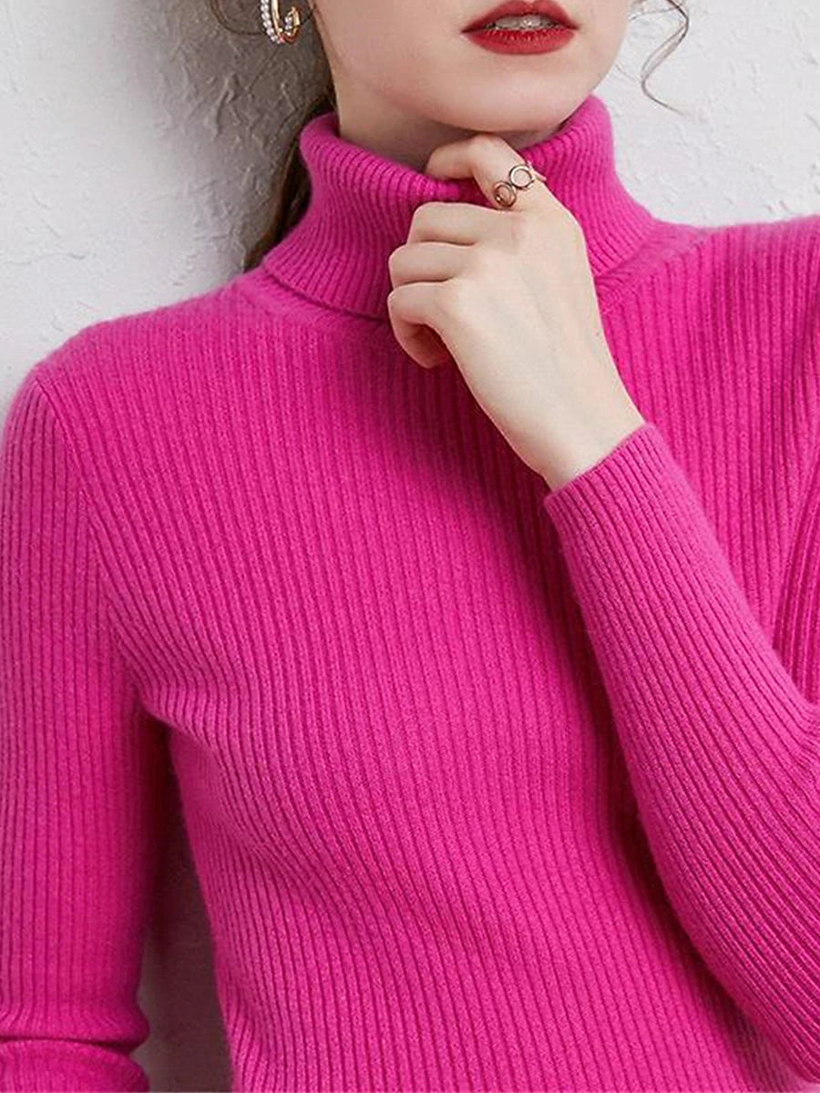 Women's Pullover Sweater Jumper Turtleneck Ribbed Knit Polyester Oversized Fall Winter Daily Holiday Going out Stylish Casual Soft Long Sleeve Solid Color Rust Red Pink purple Red bean paste S M L