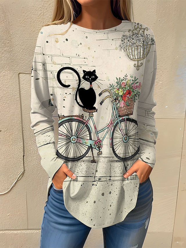 Women's T shirt Tee Cat Daily Weekend Lace Print White Long Sleeve Fashion Square Neck Spring &  Fall